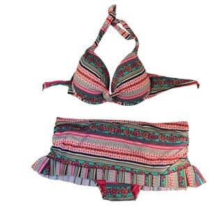 La Vie En Rose NEW Push Up Bra Pleat Skirt Tribal Print Boho Bikini Swimsuit L